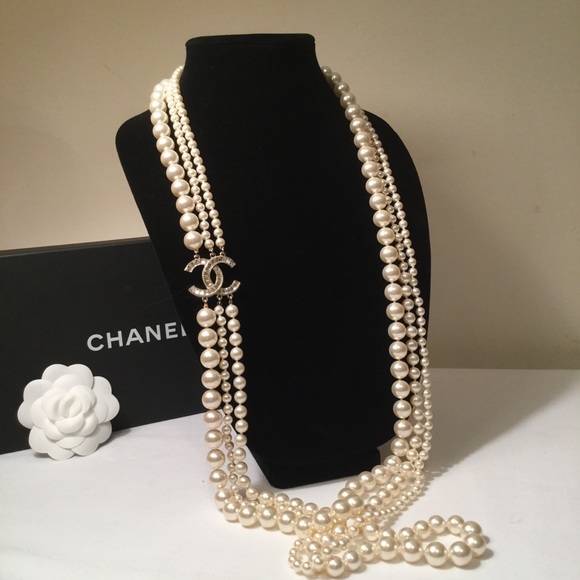 CHANEL Jewelry - Chanel Pearl Strand Gold Crystal CC Necklace